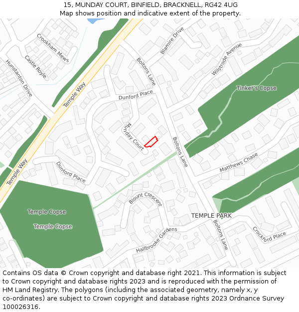 15, MUNDAY COURT, BINFIELD, BRACKNELL, RG42 4UG: Location map and indicative extent of plot