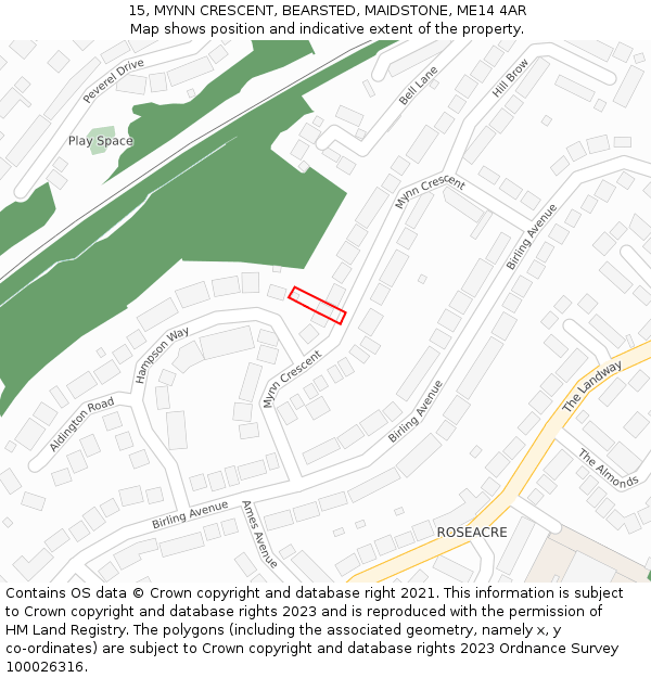 15, MYNN CRESCENT, BEARSTED, MAIDSTONE, ME14 4AR: Location map and indicative extent of plot