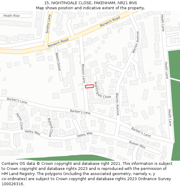 15, NIGHTINGALE CLOSE, FAKENHAM, NR21 8NS: Location map and indicative extent of plot