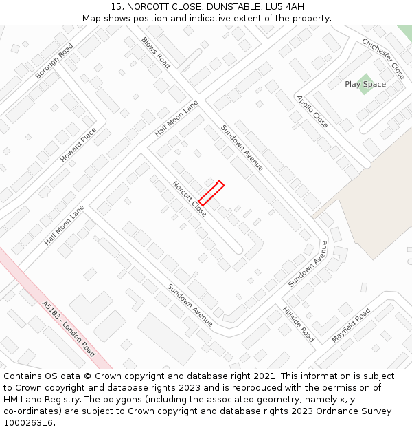 15, NORCOTT CLOSE, DUNSTABLE, LU5 4AH: Location map and indicative extent of plot
