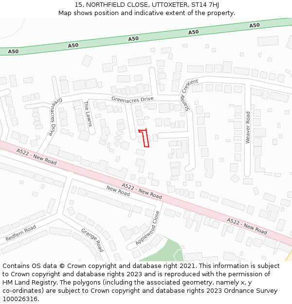 15, NORTHFIELD CLOSE, UTTOXETER, ST14 7HJ: Location map and indicative extent of plot