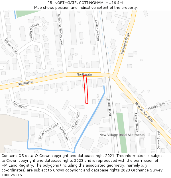 15, NORTHGATE, COTTINGHAM, HU16 4HL: Location map and indicative extent of plot