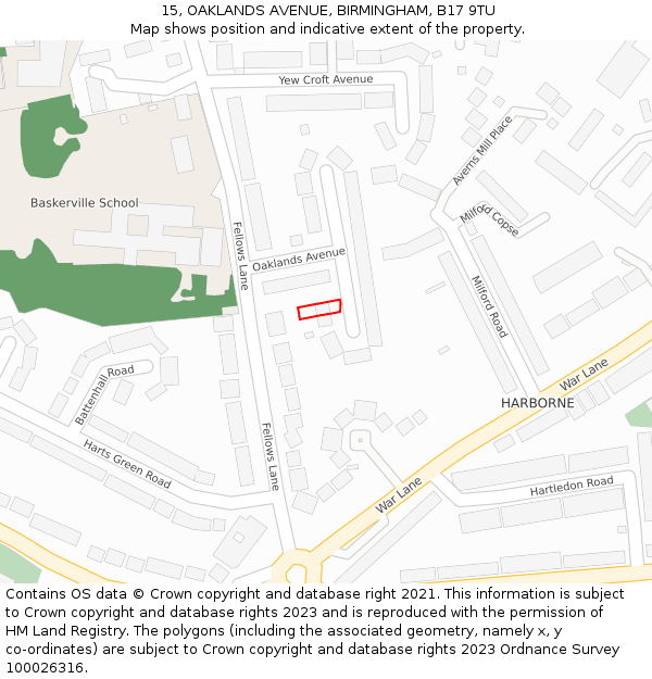15, OAKLANDS AVENUE, BIRMINGHAM, B17 9TU: Location map and indicative extent of plot