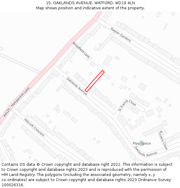 15, OAKLANDS AVENUE, WATFORD, WD19 4LN: Location map and indicative extent of plot