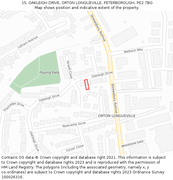 15, OAKLEIGH DRIVE, ORTON LONGUEVILLE, PETERBOROUGH, PE2 7BG: Location map and indicative extent of plot
