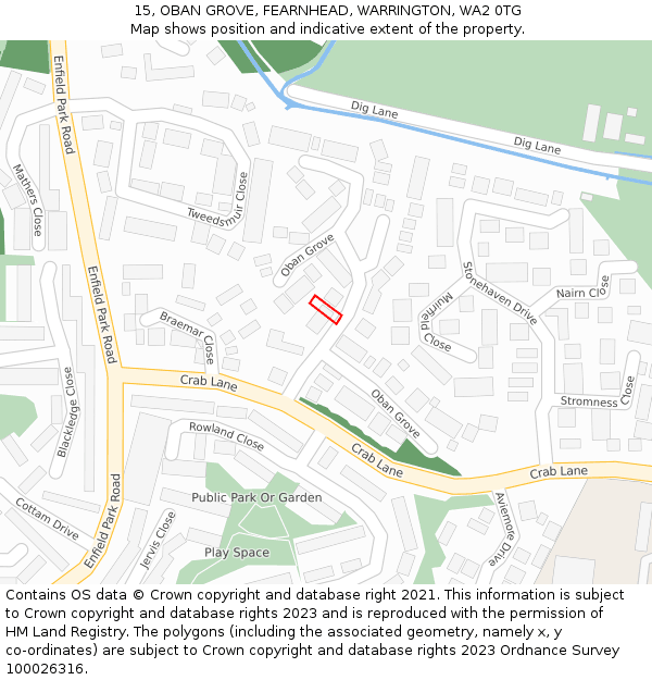 15, OBAN GROVE, FEARNHEAD, WARRINGTON, WA2 0TG: Location map and indicative extent of plot