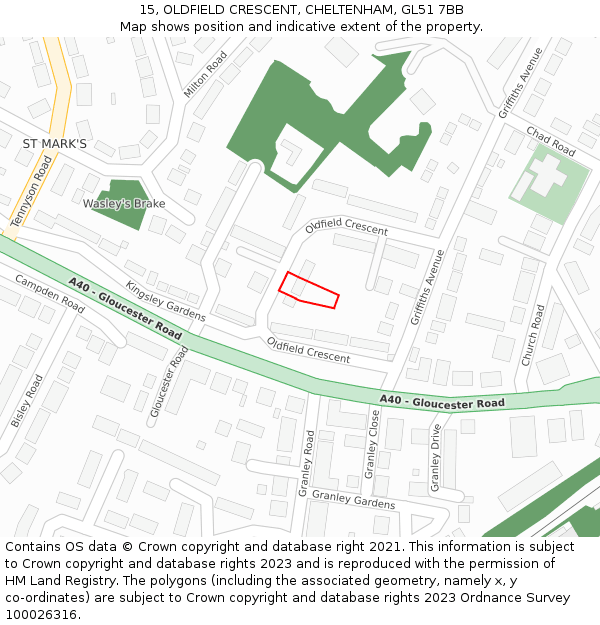 15, OLDFIELD CRESCENT, CHELTENHAM, GL51 7BB: Location map and indicative extent of plot