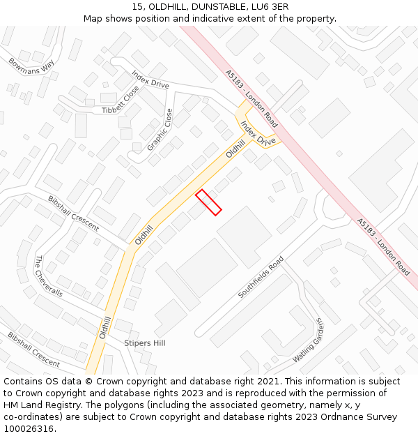 15, OLDHILL, DUNSTABLE, LU6 3ER: Location map and indicative extent of plot