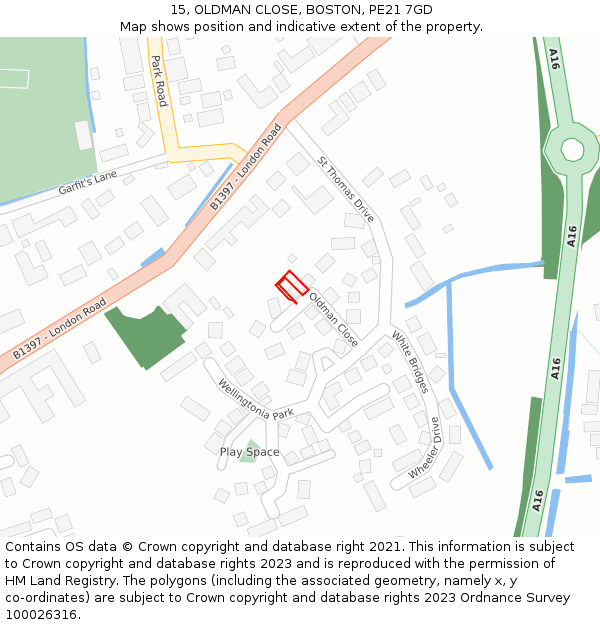 15, OLDMAN CLOSE, BOSTON, PE21 7GD: Location map and indicative extent of plot