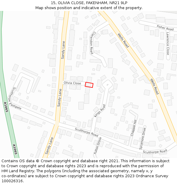 15, OLIVIA CLOSE, FAKENHAM, NR21 9LP: Location map and indicative extent of plot
