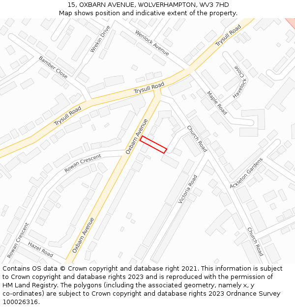 15, OXBARN AVENUE, WOLVERHAMPTON, WV3 7HD: Location map and indicative extent of plot