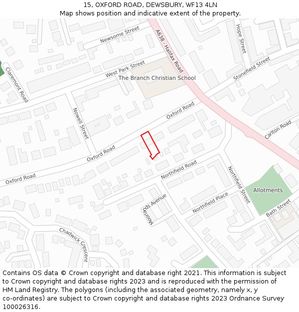 15, OXFORD ROAD, DEWSBURY, WF13 4LN: Location map and indicative extent of plot