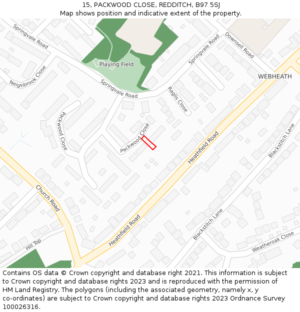 15, PACKWOOD CLOSE, REDDITCH, B97 5SJ: Location map and indicative extent of plot