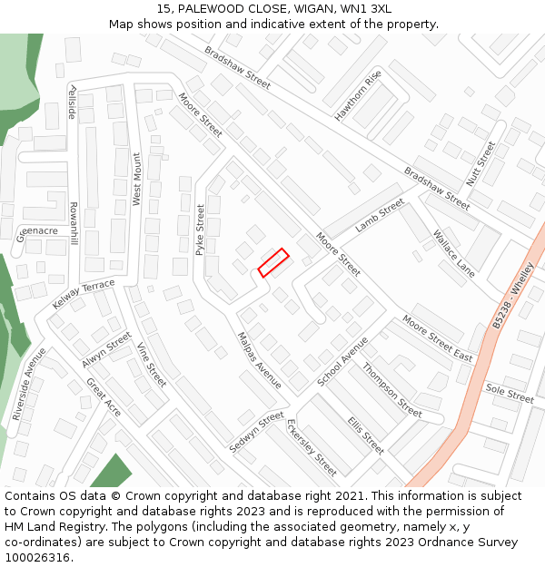 15, PALEWOOD CLOSE, WIGAN, WN1 3XL: Location map and indicative extent of plot