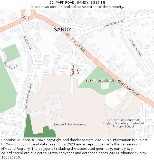 15, PARK ROAD, SANDY, SG19 1JB: Location map and indicative extent of plot