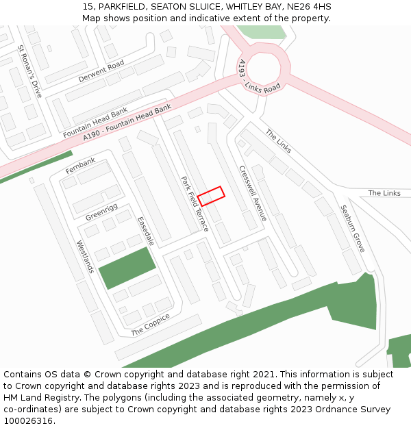 15, PARKFIELD, SEATON SLUICE, WHITLEY BAY, NE26 4HS: Location map and indicative extent of plot