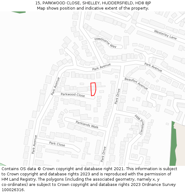 15, PARKWOOD CLOSE, SHELLEY, HUDDERSFIELD, HD8 8JP: Location map and indicative extent of plot
