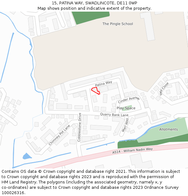 15, PATINA WAY, SWADLINCOTE, DE11 0WP: Location map and indicative extent of plot