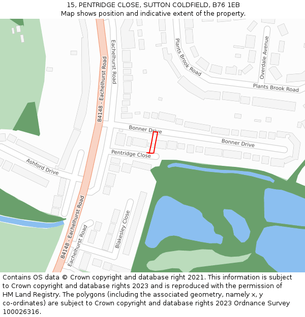 15, PENTRIDGE CLOSE, SUTTON COLDFIELD, B76 1EB: Location map and indicative extent of plot