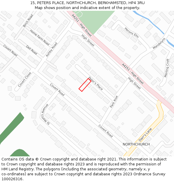 15, PETERS PLACE, NORTHCHURCH, BERKHAMSTED, HP4 3RU: Location map and indicative extent of plot