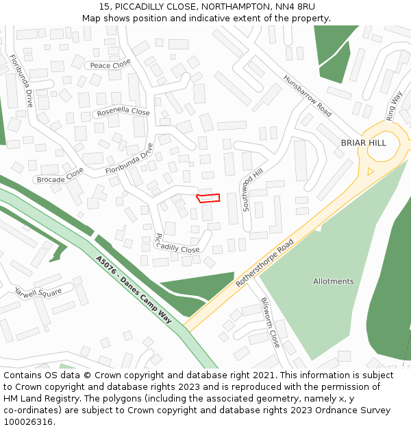 15, PICCADILLY CLOSE, NORTHAMPTON, NN4 8RU: Location map and indicative extent of plot