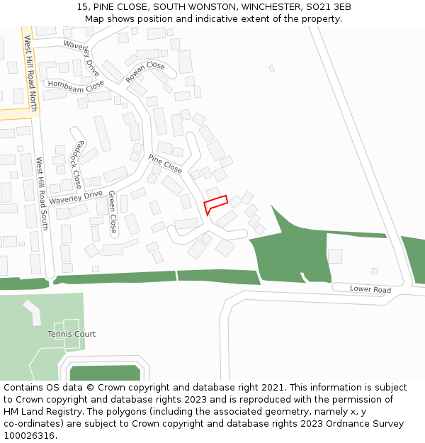 15, PINE CLOSE, SOUTH WONSTON, WINCHESTER, SO21 3EB: Location map and indicative extent of plot