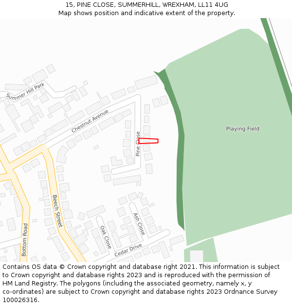 15, PINE CLOSE, SUMMERHILL, WREXHAM, LL11 4UG: Location map and indicative extent of plot