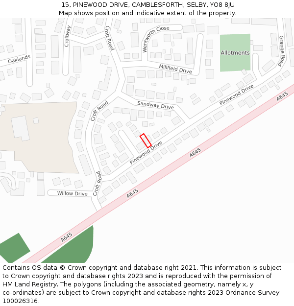 15, PINEWOOD DRIVE, CAMBLESFORTH, SELBY, YO8 8JU: Location map and indicative extent of plot