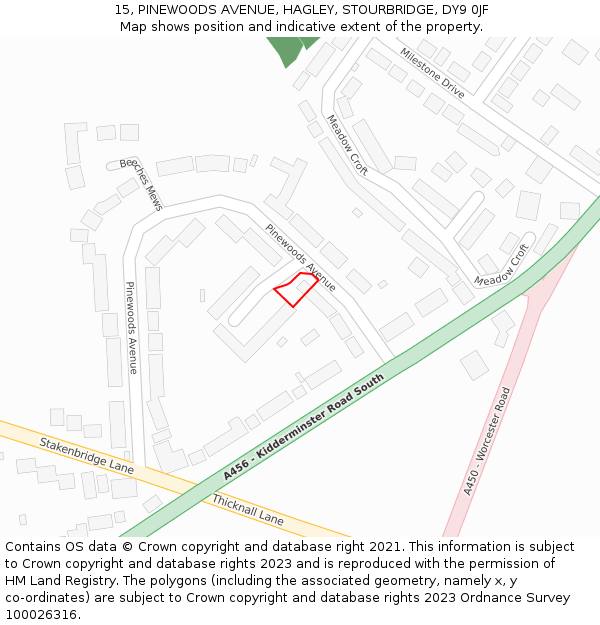 15, PINEWOODS AVENUE, HAGLEY, STOURBRIDGE, DY9 0JF: Location map and indicative extent of plot