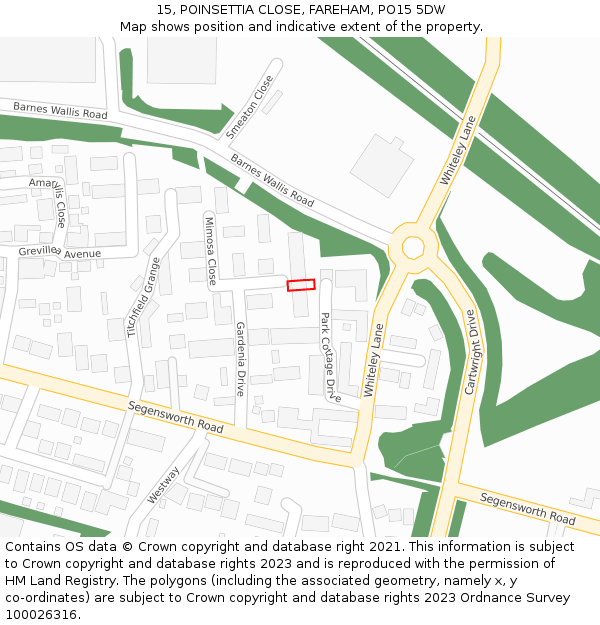 15, POINSETTIA CLOSE, FAREHAM, PO15 5DW: Location map and indicative extent of plot