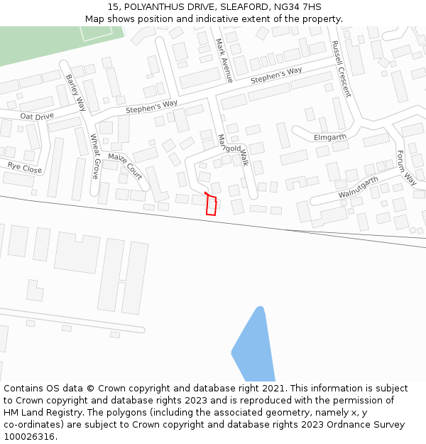 15, POLYANTHUS DRIVE, SLEAFORD, NG34 7HS: Location map and indicative extent of plot