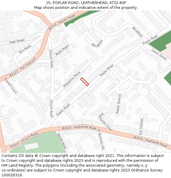 15, POPLAR ROAD, LEATHERHEAD, KT22 8SF: Location map and indicative extent of plot