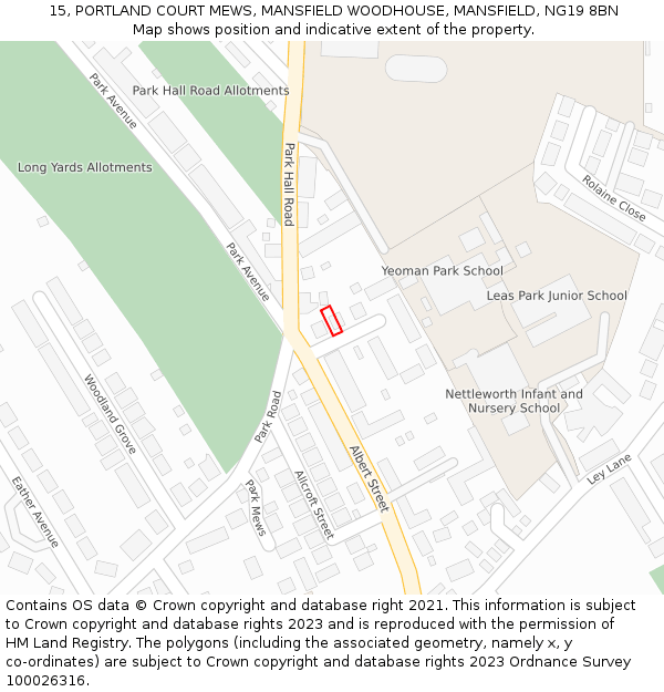 15, PORTLAND COURT MEWS, MANSFIELD WOODHOUSE, MANSFIELD, NG19 8BN: Location map and indicative extent of plot