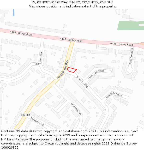 15, PRINCETHORPE WAY, BINLEY, COVENTRY, CV3 2HE: Location map and indicative extent of plot