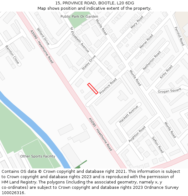 15, PROVINCE ROAD, BOOTLE, L20 6DG: Location map and indicative extent of plot