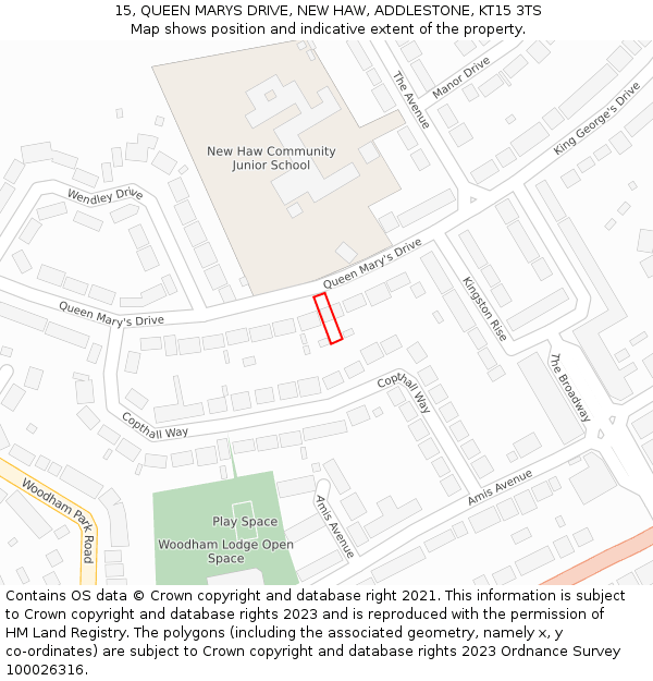 15, QUEEN MARYS DRIVE, NEW HAW, ADDLESTONE, KT15 3TS: Location map and indicative extent of plot