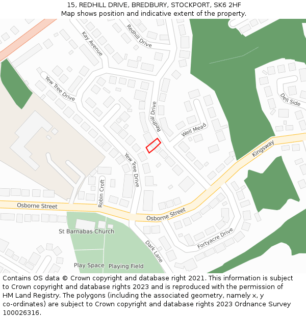 15, REDHILL DRIVE, BREDBURY, STOCKPORT, SK6 2HF: Location map and indicative extent of plot