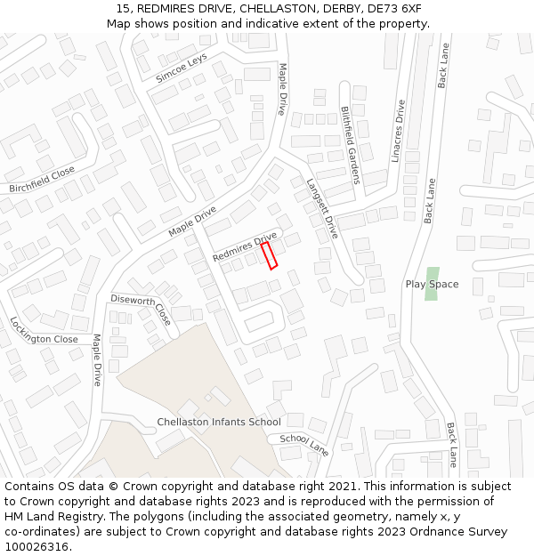 15, REDMIRES DRIVE, CHELLASTON, DERBY, DE73 6XF: Location map and indicative extent of plot