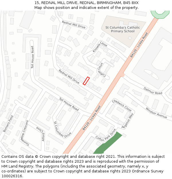 15, REDNAL MILL DRIVE, REDNAL, BIRMINGHAM, B45 8XX: Location map and indicative extent of plot