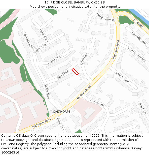 15, RIDGE CLOSE, BANBURY, OX16 9BJ: Location map and indicative extent of plot