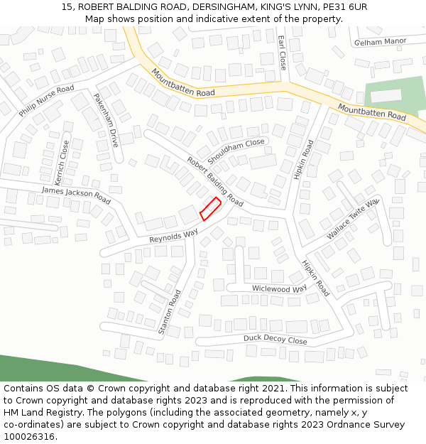 15, ROBERT BALDING ROAD, DERSINGHAM, KING'S LYNN, PE31 6UR: Location map and indicative extent of plot