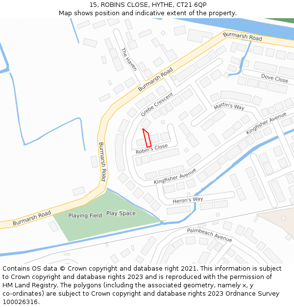 15, ROBINS CLOSE, HYTHE, CT21 6QP: Location map and indicative extent of plot