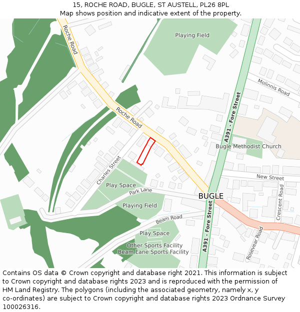 15, ROCHE ROAD, BUGLE, ST AUSTELL, PL26 8PL: Location map and indicative extent of plot