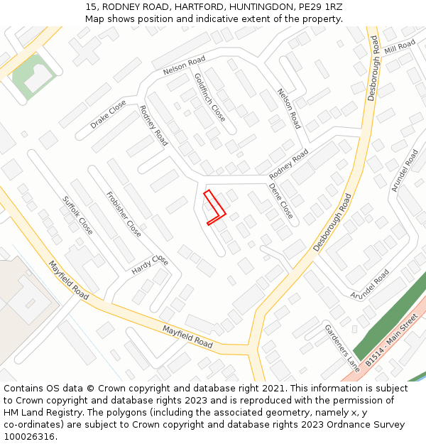 15, RODNEY ROAD, HARTFORD, HUNTINGDON, PE29 1RZ: Location map and indicative extent of plot