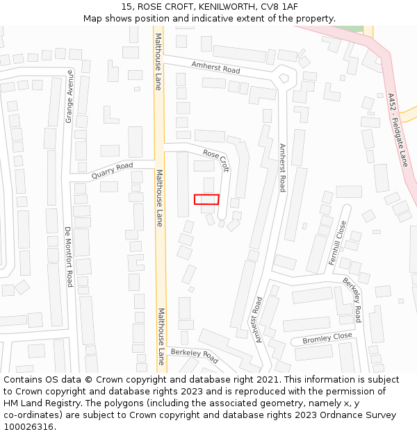 15, ROSE CROFT, KENILWORTH, CV8 1AF: Location map and indicative extent of plot