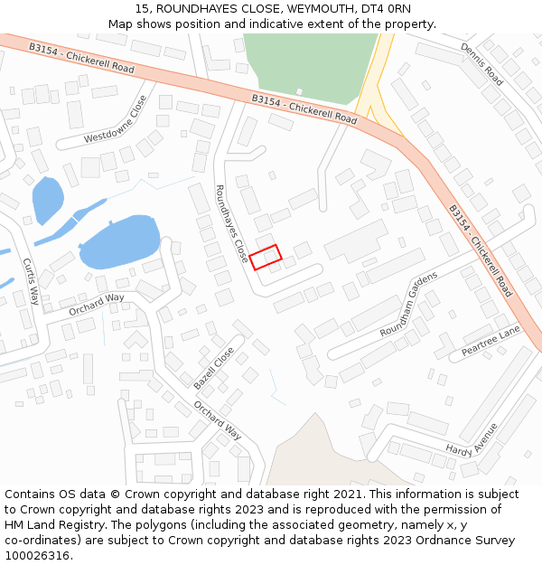 15, ROUNDHAYES CLOSE, WEYMOUTH, DT4 0RN: Location map and indicative extent of plot