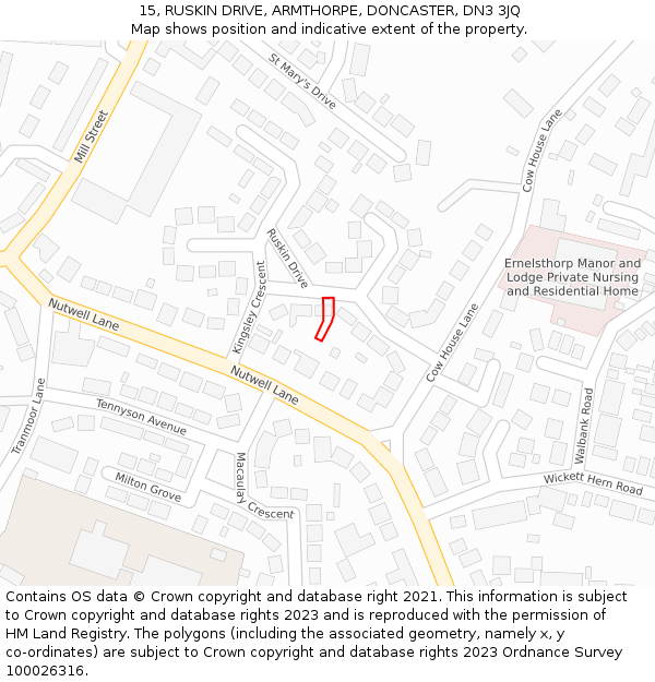 15, RUSKIN DRIVE, ARMTHORPE, DONCASTER, DN3 3JQ: Location map and indicative extent of plot