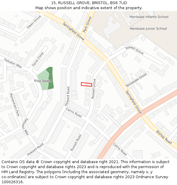 15, RUSSELL GROVE, BRISTOL, BS6 7UD: Location map and indicative extent of plot