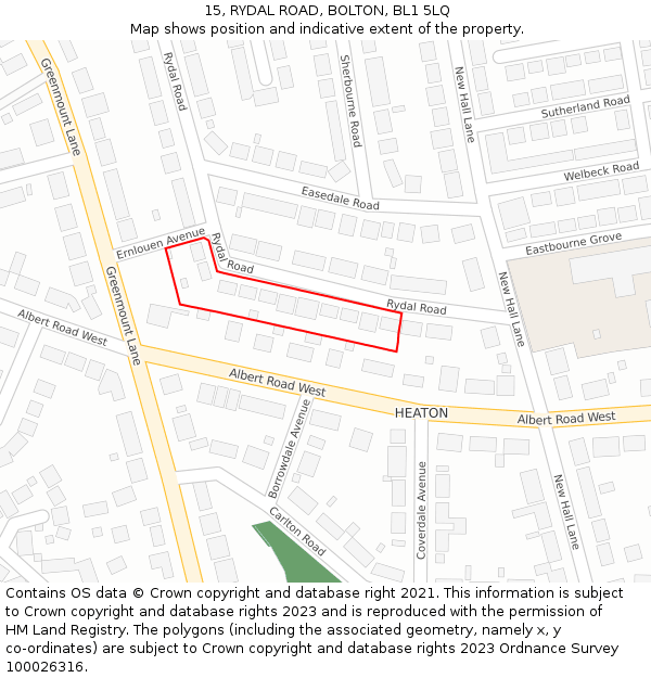 15, RYDAL ROAD, BOLTON, BL1 5LQ: Location map and indicative extent of plot