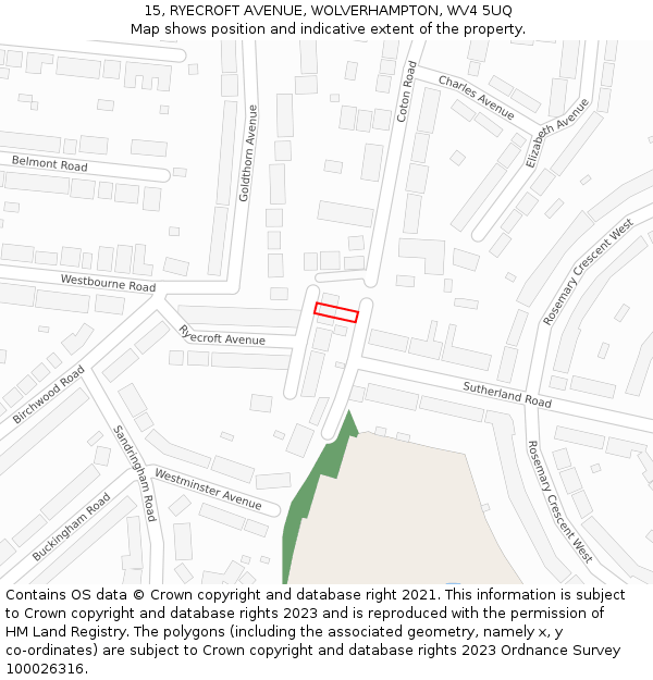 15, RYECROFT AVENUE, WOLVERHAMPTON, WV4 5UQ: Location map and indicative extent of plot
